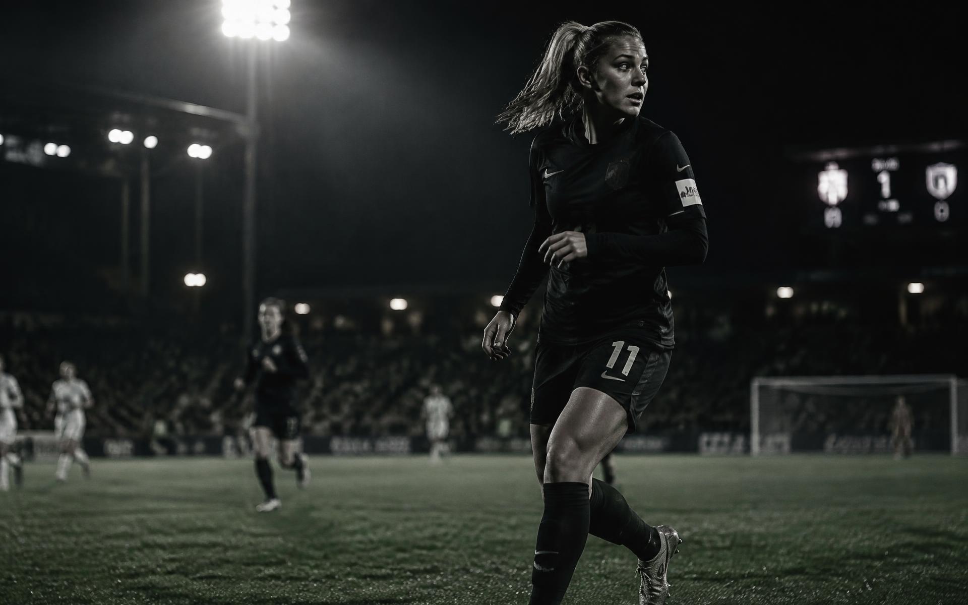 A footballer in the tunnel before a match, the pitch reflected in her eyes.